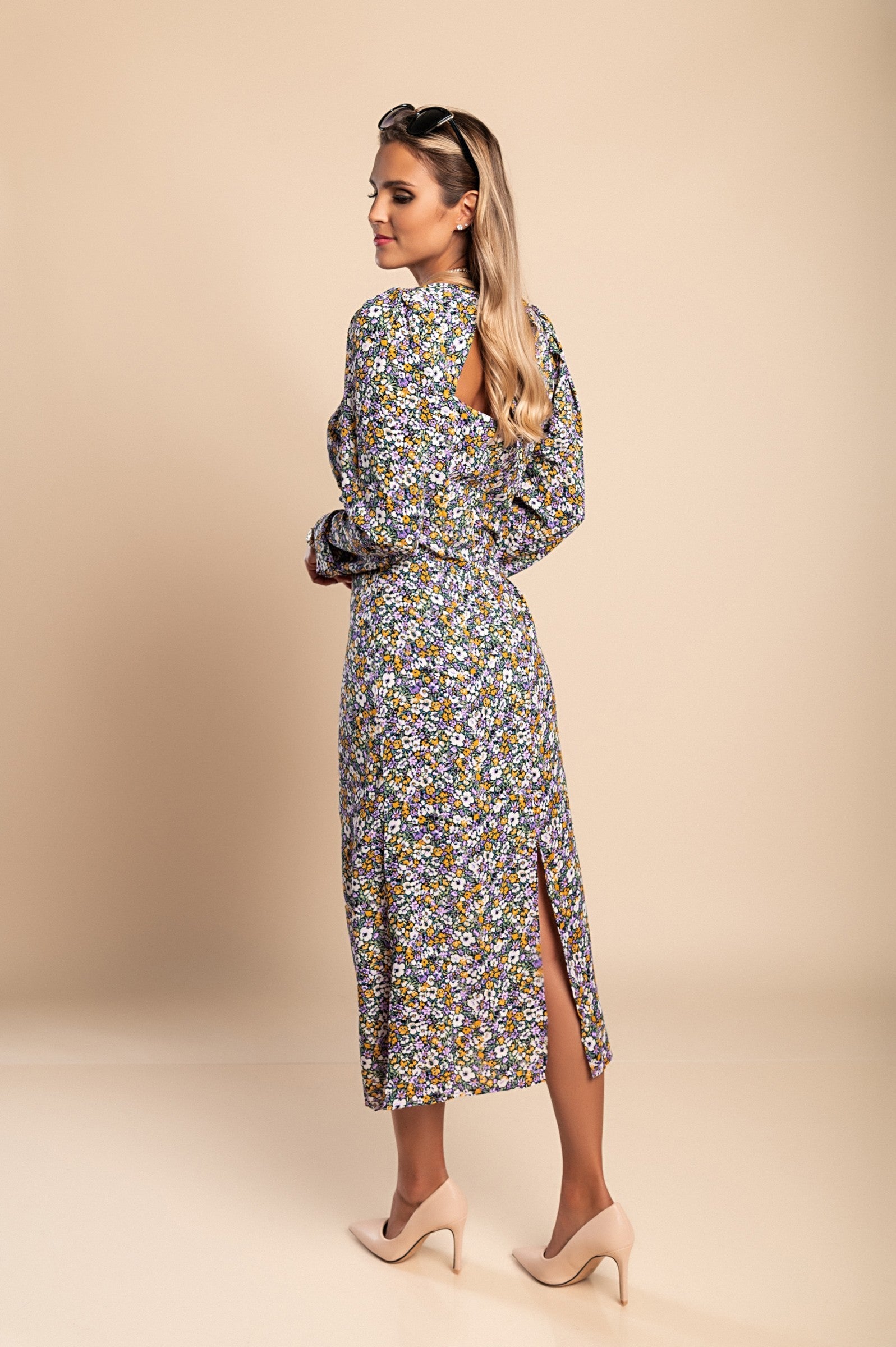 Elegant midi dress with floral print Ferra, lilac