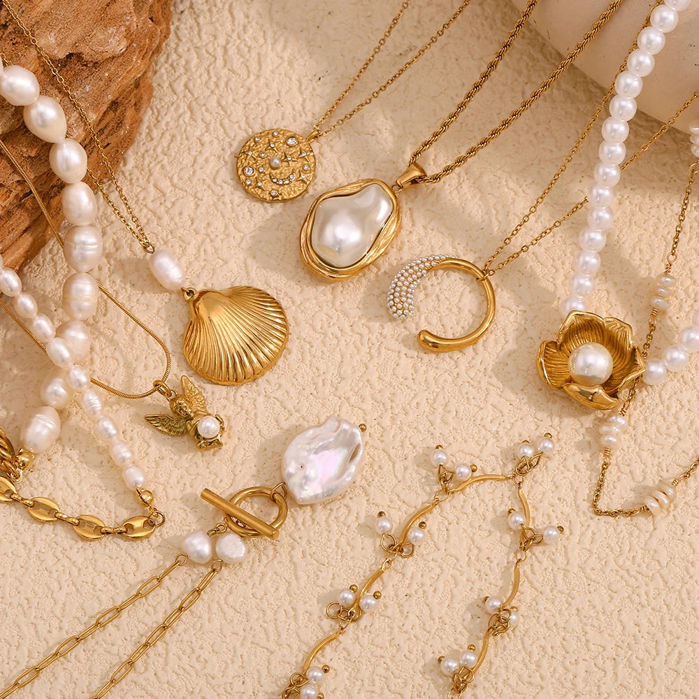 E.B.belle Imitation Pearl Series Necklace Irregular Shape Jewelry Stainless Steel 18K Gold Plated For Elegant Women Charm Gift