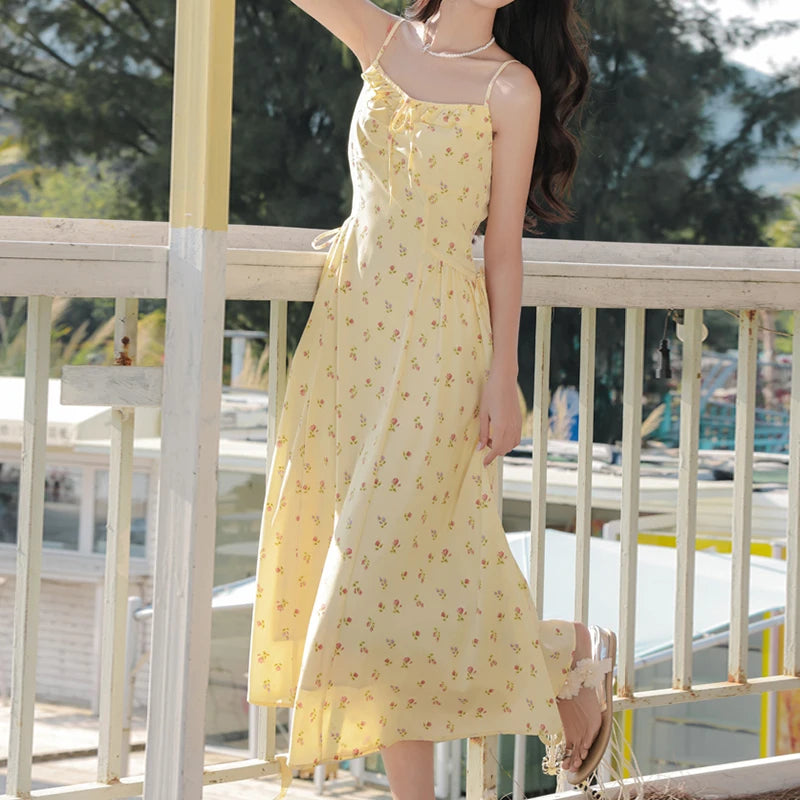 Holiday Floral Printed Spaghetti Strap Sleeveless Women Summer Beach Boho Dress