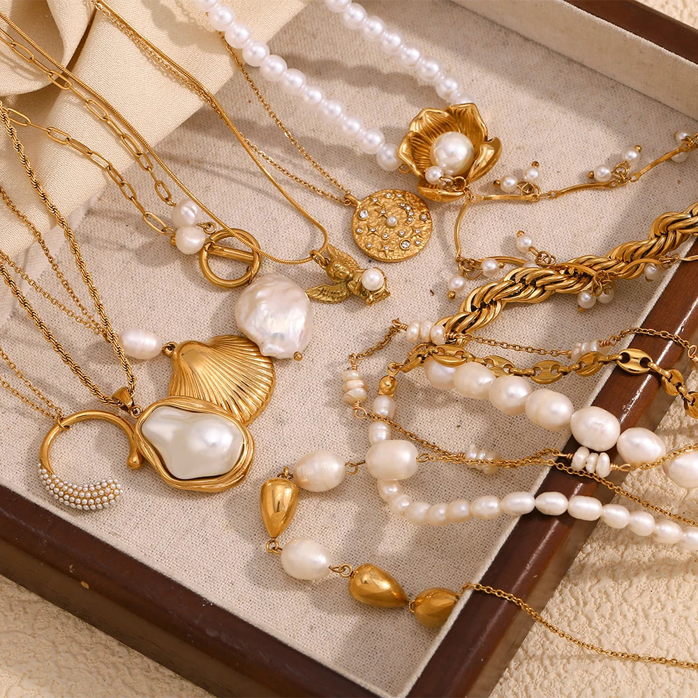 E.B.belle Imitation Pearl Series Necklace Irregular Shape Jewelry Stainless Steel 18K Gold Plated For Elegant Women Charm Gift